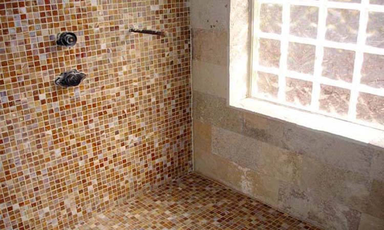 Tile Shower with Glass Brick Window Custom Design Bathroom Renovation Glass Tile Specialist